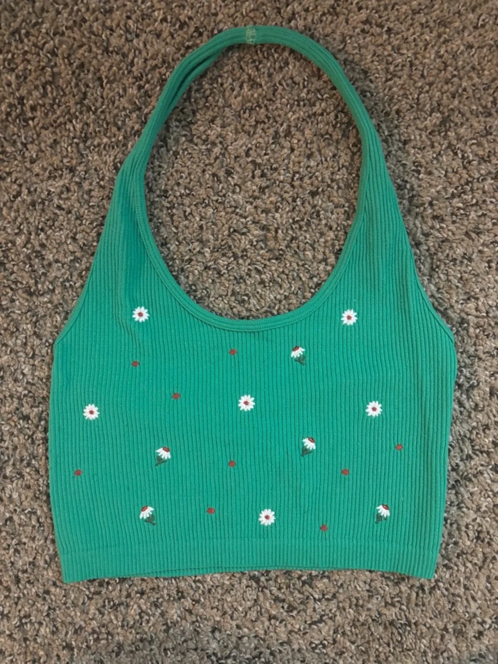 Zara Green Ribbed Daisy Embroidered Crop Tank XS/S - Picture 1 of 4